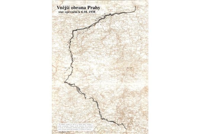 Historická mapa Vnější obrany Prahy se stavem opevnění k 6. 10. 1938, ukazující rozmístění obranné linie kolem hlavního města.