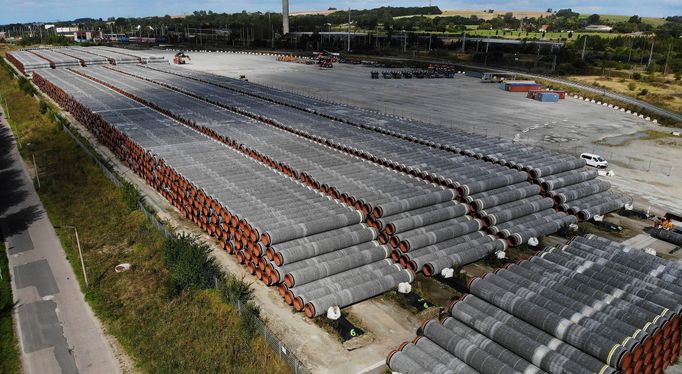 FILE PHOTO: Pipes for the Nord Stream 2 Baltic Sea pipeline are stored on a site at the port of Mukran in Sassnitz, Germany, September 10, 2020. Picture taken with a dron