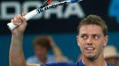 Duckworth of Australia acknowledges the crowd after defeating Simon of France during their Brisbane International tennis tournament first round match in Brisbane