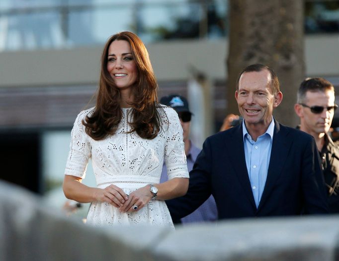 Catherine, Britain's Duchess of Cambridge, arrives at a surf lifesaving demonstration with Australian Prime Minister Tony Abbott at Sydney's Manly beach