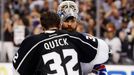 New York Rangers' goalie Henrik Lundqvist (R) congratulates Los Angeles Kings' goalie Jonathan Quick after the Kings defeated the Rangers to win the Stanley Cup in Game 5