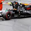 Force India Formula One driver Sergio Perez leaves his car after crashing at the start of the Monaco F1 Grand Prix in Monaco