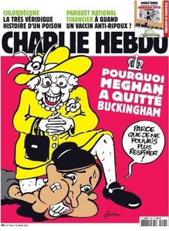 Obálka čerstvého vydání satirického časopisu Charlie Hebdo. Královna Alžběta klečí na Meghan Markle, manželce svého vnkua Harryho.