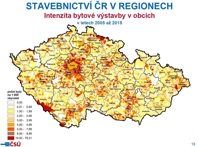 Intenzita bytové výstavby v obcích v letech 2005 až 2015.