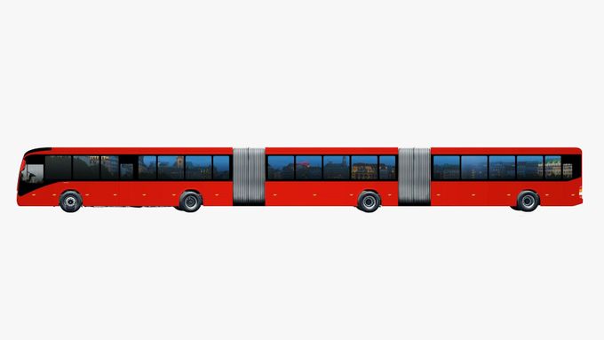 Kresba autobusu Volvo Gran Artic 300, který na délku měří 30 metrů. Je tak nejdelším autobusem na světě. Aby se po městě mohl pohybovat, má hned dva klouby.