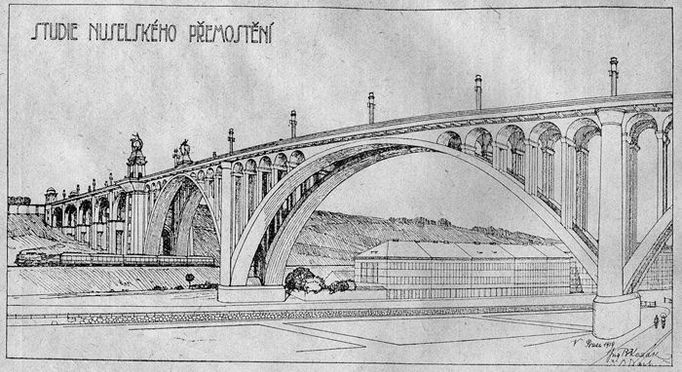 Návrh mostu ing. Stanislava Bechyně z roku 1919. V původních projektech se tvůrci návrhů snažili vyhnout budovám v údolí. Nakonec muselo stavbě ustoupit 17 domů.