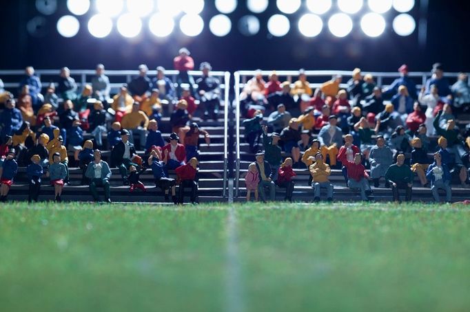 The center field of a miniature soccer field, spectator figurines in background Image: 0129620395, License: Royalty free, Restrictions: Not available for license to or for use in the following territories: Argentina, Brazil, Chile, Costa Rica, Ecuador, Japan, Mexico, Peru, Spain, Uruguay and Venezuela. For multi-territory license please contact your Corbis Account Representative. Not available for use in Corbis Merchandise., Property Release: No or not aplicable, Model Release: No or not aplicable, Credit line: Profimedia.cz, Corbis