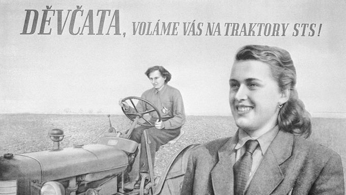 Plakát, vydaný ministerstvem informací a osvěty, vybízející dívky k nástupu do traktorových stanic.