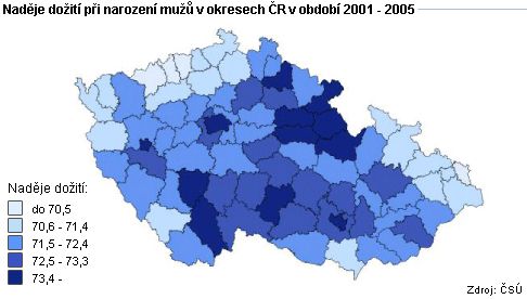 Naděje dožití při narození mužů v okresech ČR v období 2001 - 2005