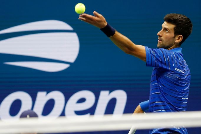 Sep 1, 2019; Flushing, NY, USA; Novak Djokovic of Serbia serves against Stan Wawrinka of Switzerland (not pictured) in the fourth round on day seven of the 2019 US Open t