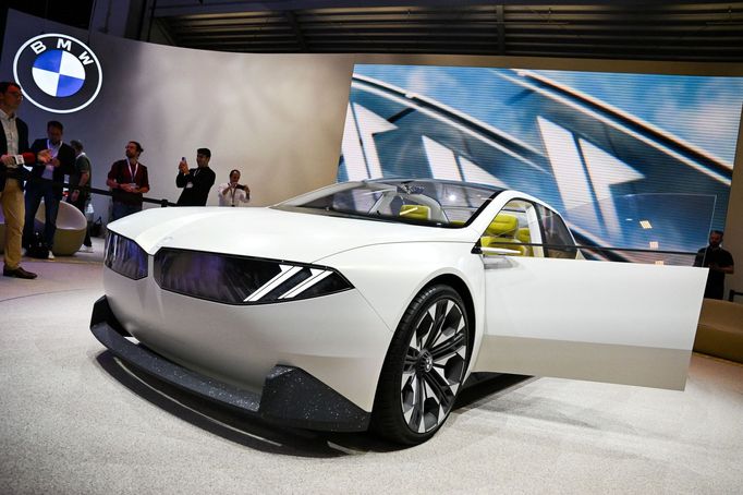 A BMW Vision Neue Klasse is displayed during an event a day ahead of the official opening of the 2023 Munich Auto Show IAA Mobility, in Munich, Germany, September 4, 2023