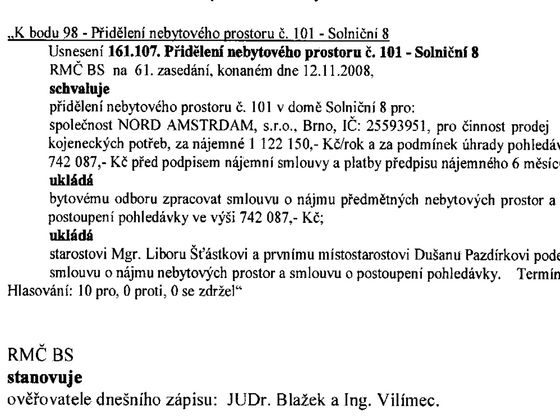 Usnesení, kterým rada městské části Brno-střed pronajala nebytové prostory firmě, která stát okrádala o stamiliony.