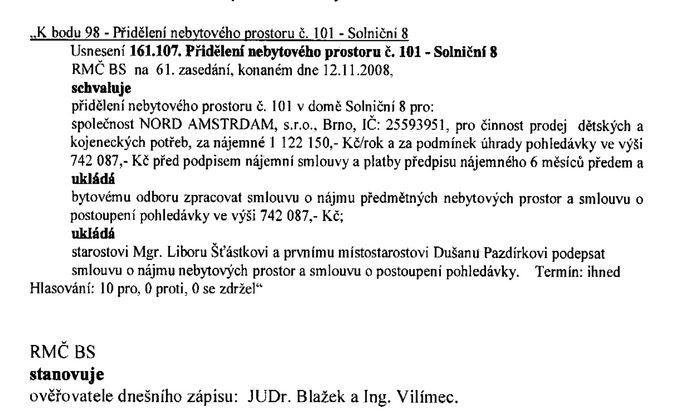 Usnesení, kterým rada městské části Brno-střed pronajala nebytové prostory firmě, která stát okrádala o stamiliony.