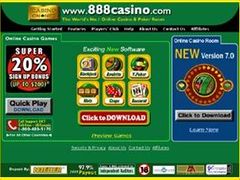 Jednou z největších internetových sázkových kanceláří světa je společnost 888.com. Na obrázku její kasíno 888casino.com.