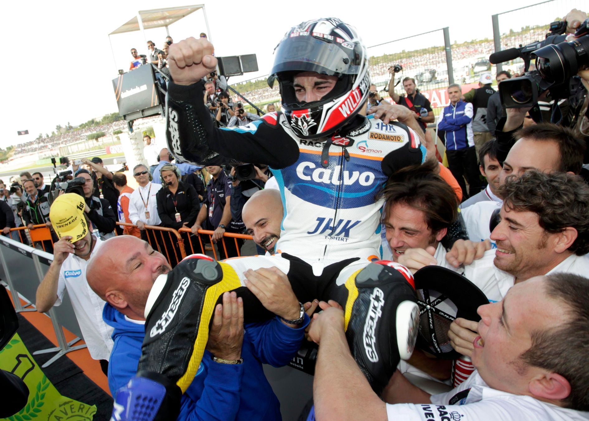 KTM Moto3 rider Vinales of Spain celebrates on podium after winning the Valencia Motorcycle Grand Prix at the Ricardo Tormo racetrack in Cheste