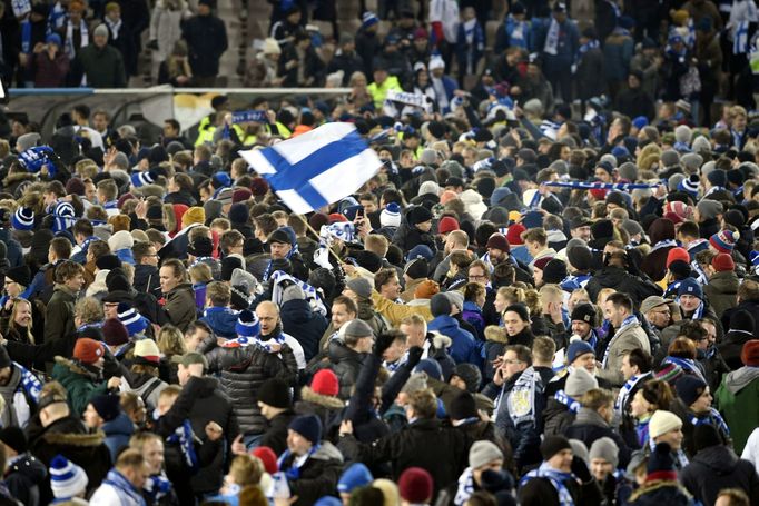 Soccer Football - Euro 2020 - Group J Qualification - Finland v Liechtenstein - Helsinki, Finland November 15, 2019. Fans celebrate. Lehtikuva/Martti Kainulainen via REUT