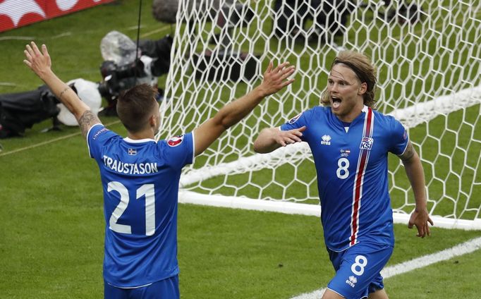 Iceland's Arnor Ingvi Traustason celebrates scoring the second goal