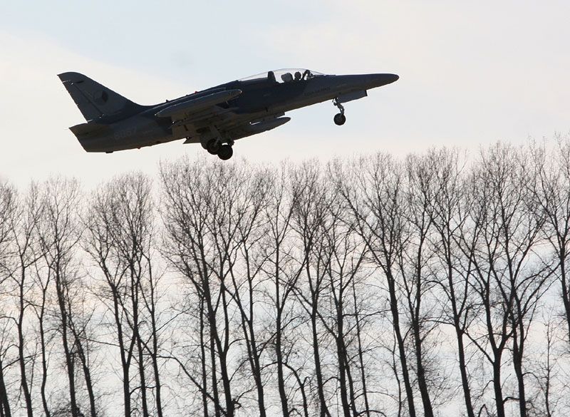 Startující Aero L-159 Alca nad větrolamem čáslavského letiště
