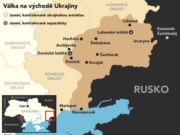 Situace na východě Ukrajiny. Území kontrolované Ruskem a proruskými separatisty je vyznačeno tmavě.