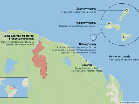 Mapa ostrovů trestanecké kolonie ve Francouzské Guyaně.