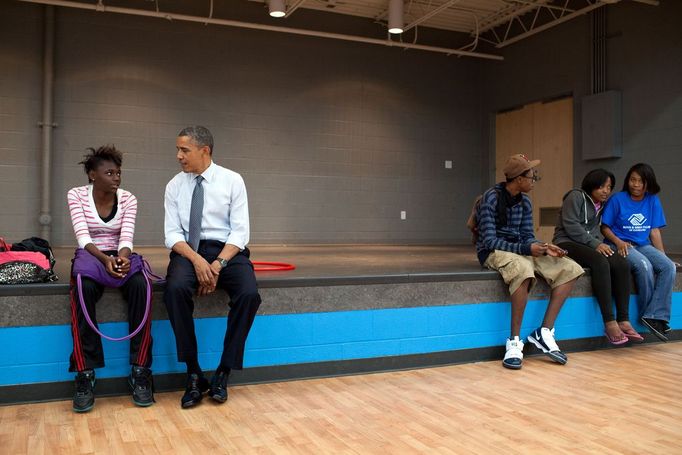 June 14, 2012 "We made an OTR (off-the-record, surprise stop) at the Boys and Girls Clubs of Cleveland after a campaign event, and the President sat and talked to a young woman before shooting hoops with another group of kids."