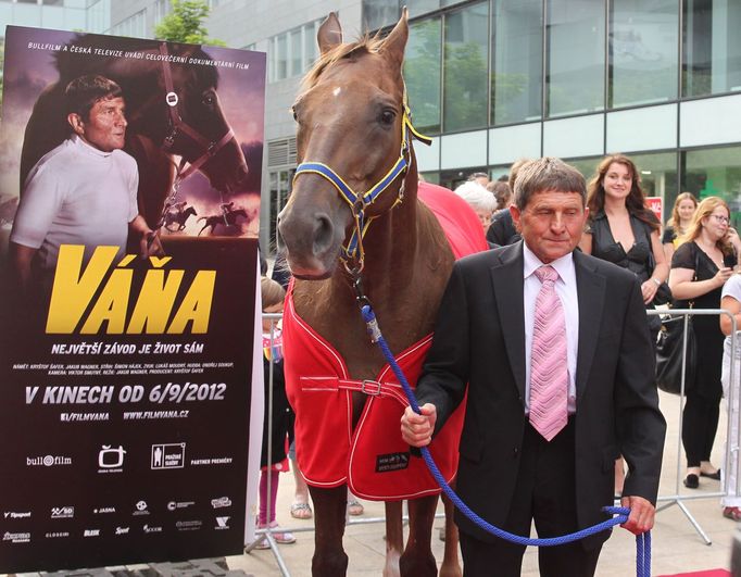 Český dostihový žokej Josef Váňa a jeho kůň Tiumen na premiéře dokumentárního filmu o své osobě.