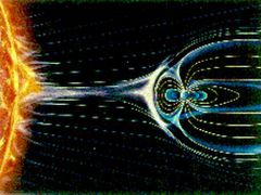 Schéma slunečního větru vycházejícího ze Slunce, když reaguje s magnetickým polem, které před ním chrání Zemi.