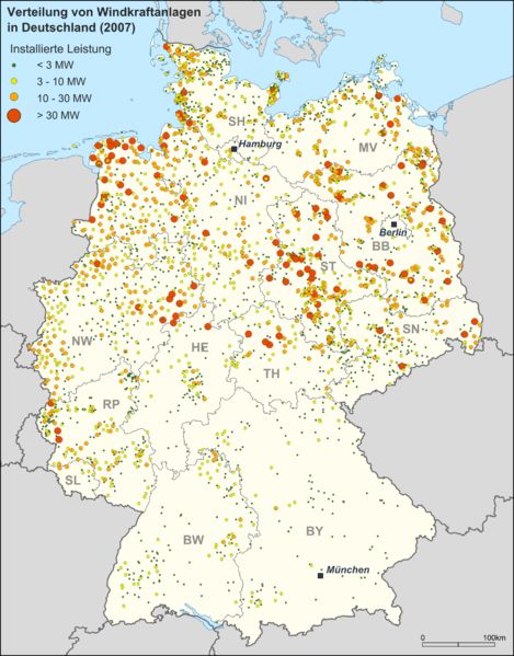 větrné turbíny v Německu - mapa