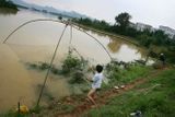 Chlapci rybaří na zaplavených polích