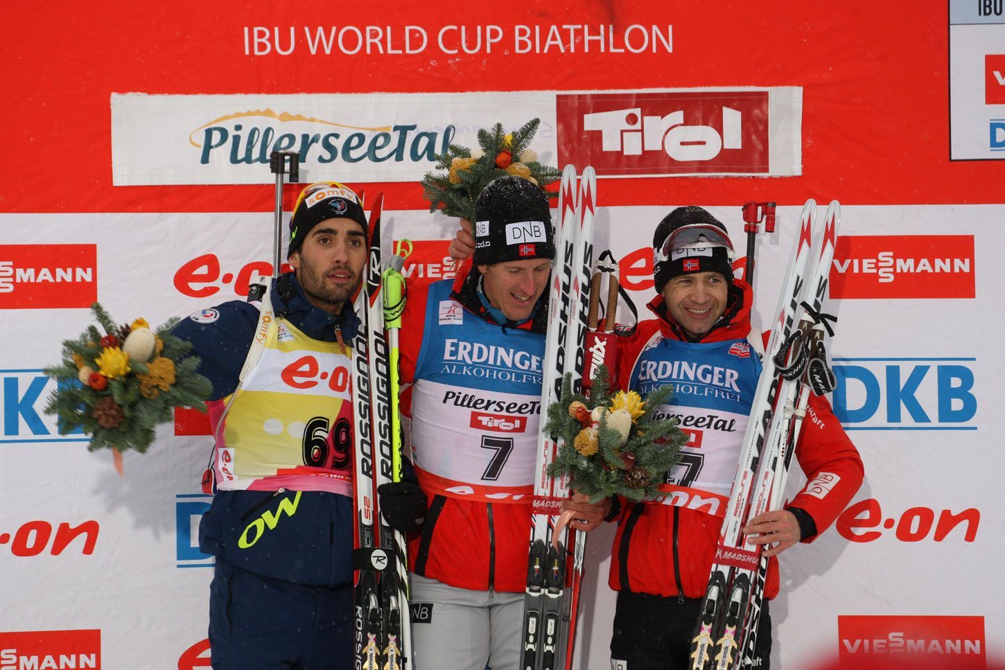 Biatlon (SP Hochfilzen - Martin Fourcade, Lars Berger, Ole Einar Björndalen)