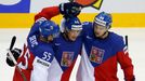 Jiri Hudler of the Czech Republic (C) celebrates his goal against Sweden with team mates Martin Sevc (L) and Jan Kovar (R) during the first period of their men's ice hock