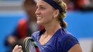 Petra Kvitova of the Czech Republic celebrates as she beats Elina Svitolina of Ukraine during their women's singles semi-final match at the Wuhan Open tennis tournament i