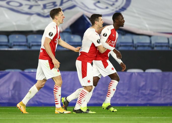 Slávisté slaví gól v odvetě  2. kola  Evropské ligy Leicester  - Slavia