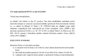 Dopis společnosti Penta - nabídka na převzetí Sazky