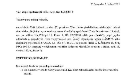 Dopis společnosti Penta - nabídka na převzetí Sazky