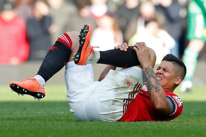 Manchester United's Marcos Rojo after sustaining an injury