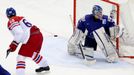 Jaromir Jagr of the Czech Republic (L) scores against France's goalie Florian Hardy (R) during the second period of their men's ice hockey World Championship Group A game