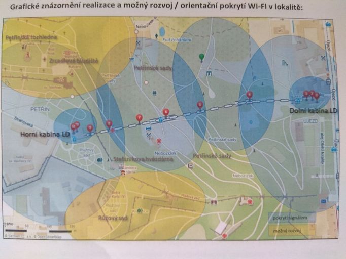 Mapa plánovaného pokrytí wi-fi na Petříně.