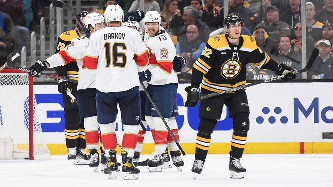 Apr 26, 2023; Boston, Massachusetts, USA; Florida Panthers center Sam Reinhart (13) reacts with his teammates after scoring a goal during the third period in game five of