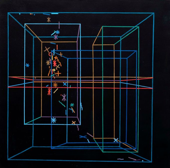 Theodor Pištěk: Rozmluva s Hawkingem 1b, olej na plátně, 2005–2006, 80 × 80 cm, vyvolávací cena: 700 tisíc korun.