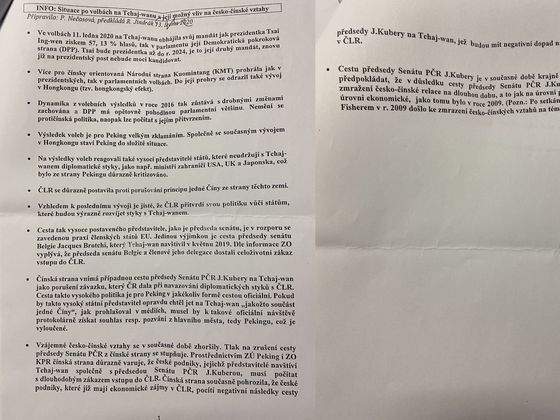 Přípis, který Hrad připojil k výhružnému dopisu čínské ambasády