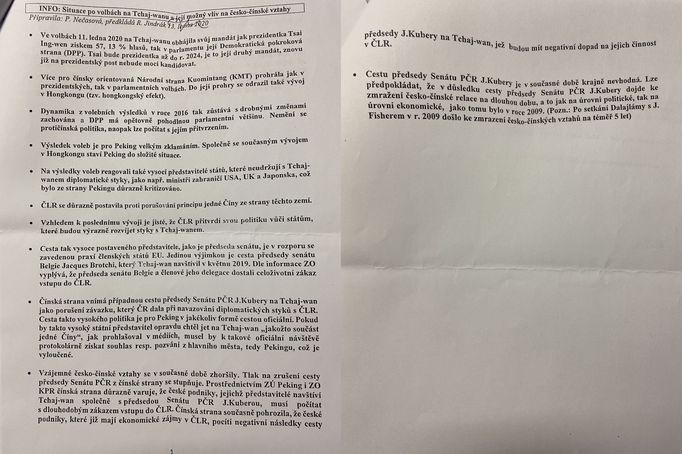 Přípis, který Hrad připojil k výhružnému dopisu čínské ambasády