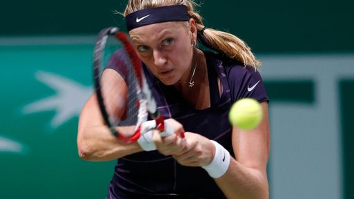 Kvitova of Czech Republic hits a return to Williams of the U.S. during their WTA tennis championships match at Sinan Erdem Dome in Istanbul