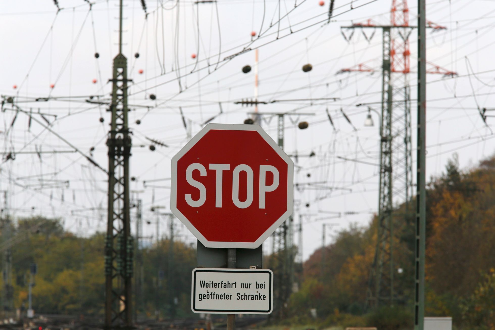 A stop sign stands in a train depot in Gremberg