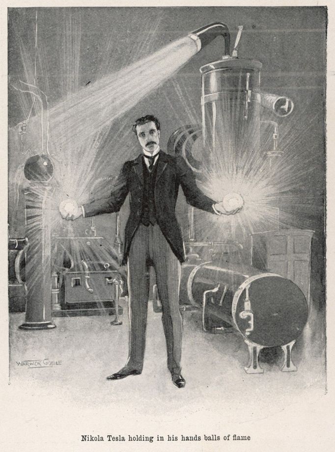 NIKOLA TESLA/GOBLE 1899 Nikola Croatian inventor holding balls of 'flame' in his bare hands Date: 1856-1943 Source: Warwick Goble in Pearson's Magazine May 1899 page 471