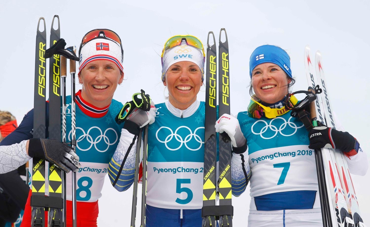 ZOH 2018, skiatlon Ž: Marit Björgenová, Charlotte Kallaová a Krista Pärmäkoskiová