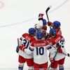 Český tým slaví gól v zápase předkola  play-off Česko - Švýcarsko na ZOH 2022 v Pekingu