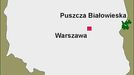 Mapa Polska s vyznačeným Bialowiežským pralesem na pomezí Běloruska a Polska.