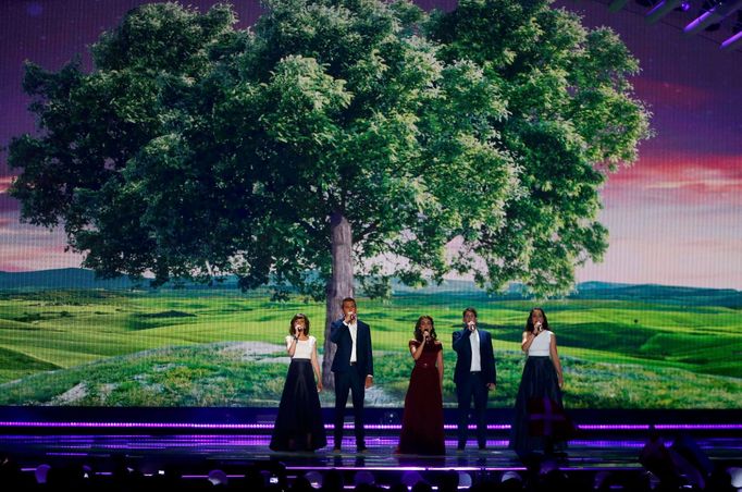 Singers Boggie representing Hungary performs the song &quot;Wars For Nothing&quot; during the dress rehearsal for the first semifinal of the upcoming 60th annual Eurovisi