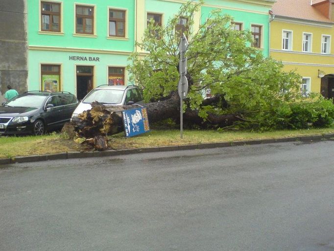 Popadané stromy v Plané u Mariánských lázní jen těsně minuly zaparkované automobily